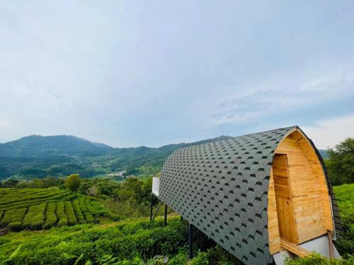 a building on a hill next to a vineyard at Kolia Resort in Cao Bằng