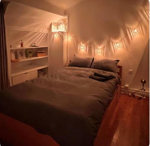 une chambre avec un grand lit avec des lumières dessus dans l'établissement Terrasse avec vue magique sur tout Paris, à Paris