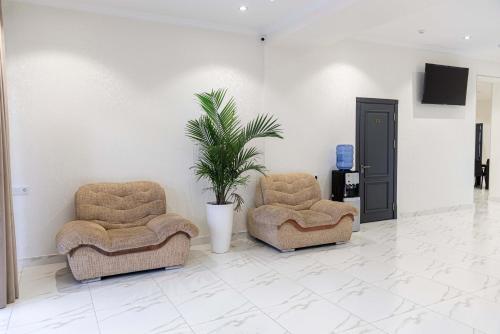 Hostel 1001 Noch في طشقند: كرسيين ونصب في غرفة فيها تلفزيون