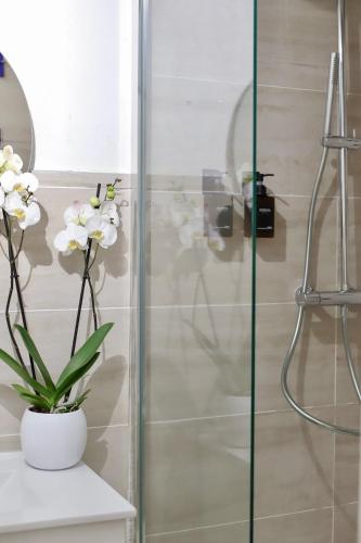 une salle de bain avec douche avec un vase de fleurs dans l'établissement Superbe appartement & proche mer, à Nice