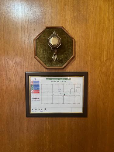 a framed picture on a wooden wall with a trophy at Hotel "VIR" in Velika Plana