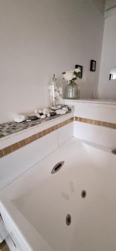 un évier blanc dans une cuisine avec un comptoir dans l'établissement Centre ville cosy 33m2, à Montpellier