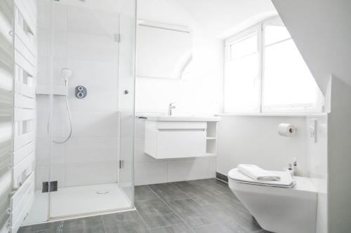 Un baño con ducha, inodoro y lavabo. en Jade 2, en Born