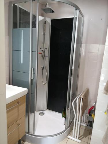 a shower with a glass door in a bathroom at Bel appartement au pied des pistes 9 personnes in Saint-Lary-Soulan