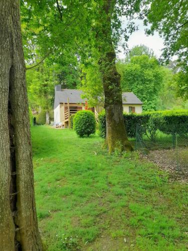 a house in a yard with two trees at Maison au bord de l'eau, Bain nordique in Guipry-Messac