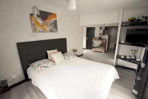 une chambre avec un lit blanc dans une pièce dans l'établissement Studio climatisé et sa terrasse privée en villa, à La Trinité