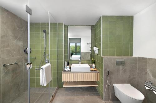 迈索尔ibis Styles Mysuru的一间带水槽、卫生间和淋浴的浴室