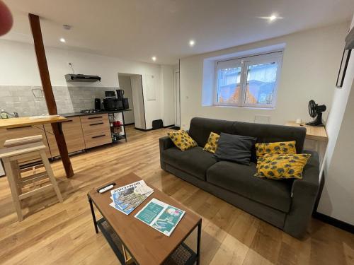 un salon avec un canapé et une table dans l'établissement Appartement 4 personnes au coeur des Pyrénées, à Marignac