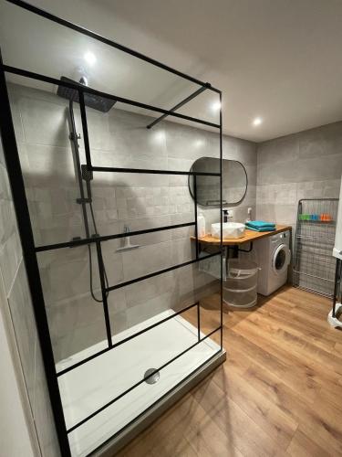 une étagère en verre dans une salle de bains avec un lave-linge dans l'établissement Appartement 4 personnes au coeur des Pyrénées, à Marignac