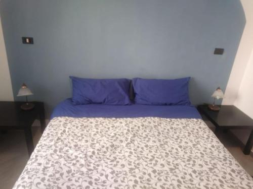 a bedroom with a bed with purple pillows and purple sheets at San Salvario No cooking between history and nightlife in Turin
