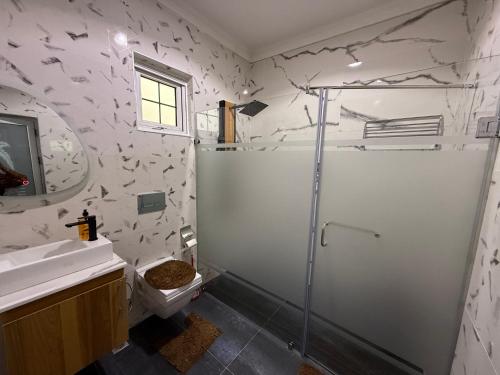 a bathroom with a shower and a toilet and a sink at One bedroom apartment by NMB STUDIO in Tema