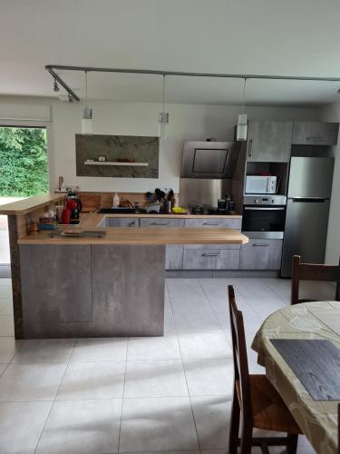 une grande cuisine avec des appareils en acier inoxydable et une table dans l'établissement La Maison de choupette, à Fougerolles