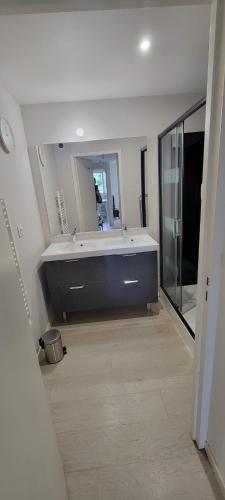 une salle de bain avec une grande baignoire dans une chambre dans l'établissement Appartement 60m2 RDC, à Vannes