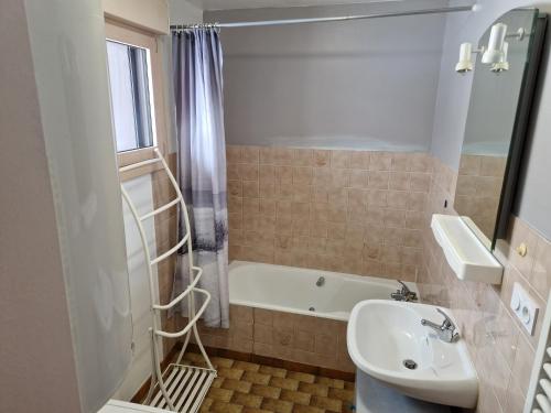 une salle de bain avec un lavabo et une baignoire dans l'établissement Au Platelet, aux Rousses
