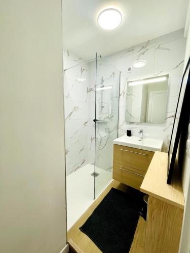 une salle de bain avec douche et lavabo dans l'établissement Le Jamot - Proche ville, à La Rochelle