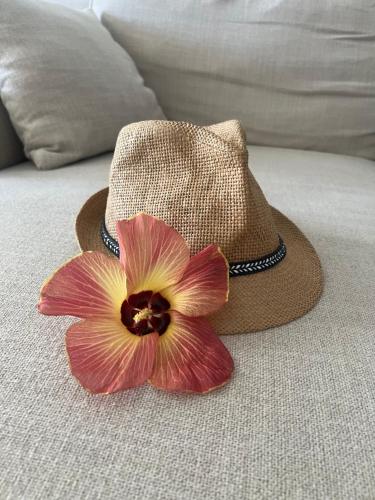 a hat and a flower on a couch at Seascape Modern Accomodation Near CLUB MED ALBION in Albion