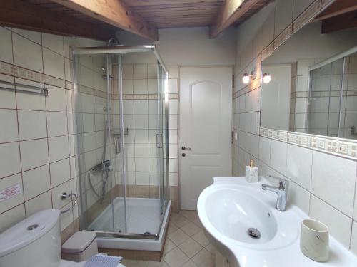 Un baño con lavabo, ducha e inodoro. en Marios Family House 2, en Corfú