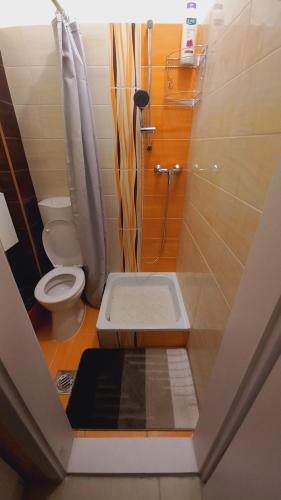 um pequeno banheiro com vaso sanitário e chuveiro em GoldApartment em Budapeste