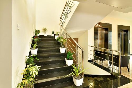 a staircase with potted plants in a building at Eka Lyf Inn in Coimbatore
