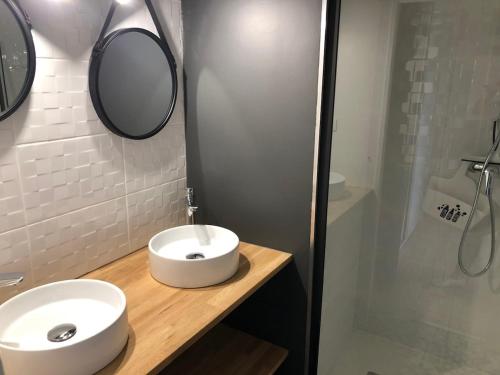 une salle de bain avec un lavabo, un miroir et une douche dans l'établissement Appartement Venise 2 chambres, à Reims