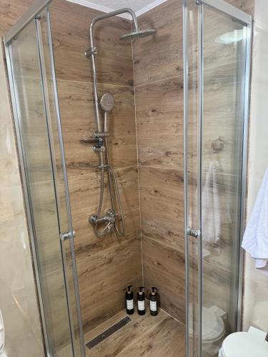 a shower in a bathroom with a wooden wall at Vista Wood in Žabljak