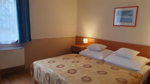 a hotel room with a bed and a window at Hotel Baross in Győr