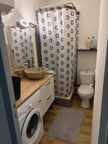 La salle de bains est pourvue de toilettes et d'un lave-linge. dans l'établissement Magnifique studio en bord de mer vue montagne, à Saint-Cyprien