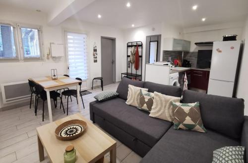 a living room with a couch and a table and a kitchen at Cozy deux pieces, terrasse, en centre ville in Valence