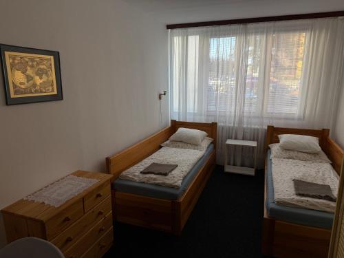 Dos camas individuales en una habitación con ventana. en Apartmán Kamýk, en Praga