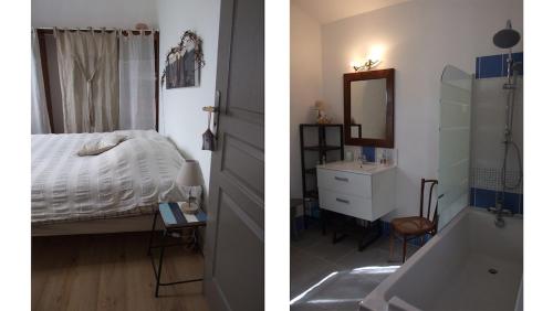 - deux photos d'une chambre avec un lit et une baignoire dans l'établissement Le bois Flotée Cottage avec jardin, Lac 6 min, Océan plage 15 min, à Hourtin
