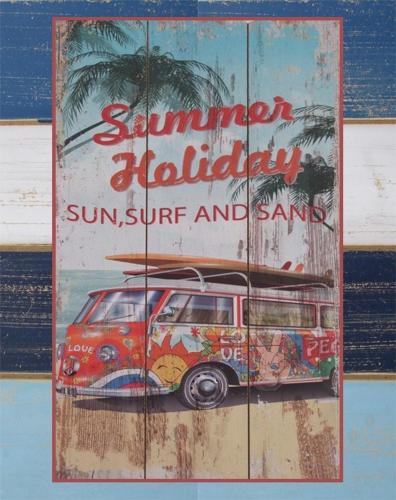 un panneau sur un bâtiment avec une voiture comportant des planches de surf dans l'établissement Le bois Flotée Cottage avec jardin, Lac 6 min, Océan plage 15 min, à Hourtin