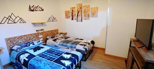 ジアーノ・ディ・フィエンメにあるTrilocale mansardato nel cuore della Val Di Fiemmeのベッド2台と薄型テレビ付きの部屋