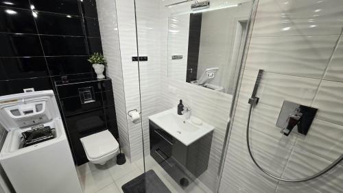 a bathroom with a shower and a toilet and a sink at RIVERS Apartment in Kołobrzeg