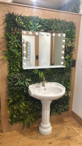 a bathroom with a sink and a mirror at Magnifique Loft Festif in Saint-Pourçain-sur-Sioule