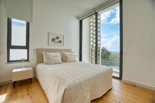 a bedroom with a large bed and large windows at Oasis Villa 3 in Khlorakas