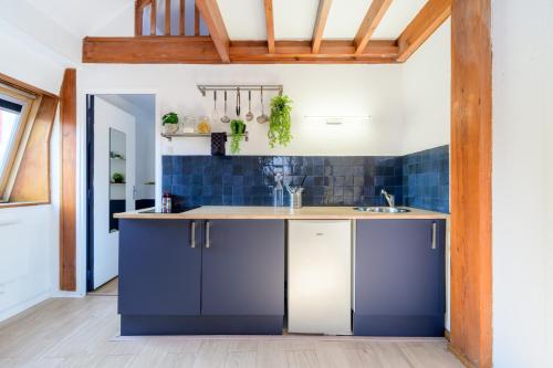une cuisine avec des armoires bleues et un évier dans l'établissement L'écrin Bleu - Roubaix Centre, à Roubaix