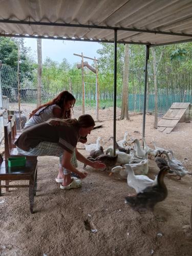 two women are looking at a group of animals at Phong Nha Magic Fingers Homestay and Spa in Phong Nha