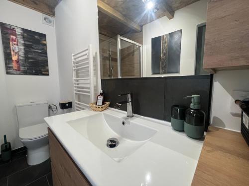 une salle de bain avec un lavabo blanc et des toilettes dans l'établissement Le p’tit bonheur-Piscine chauffée-clim-Park, à Carpentras