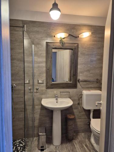a bathroom with a sink and a toilet and a mirror at K-Rooms in Veli Iž