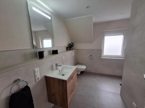 a bathroom with a sink and a toilet and a mirror at Eva's Home - Nähe Phantasialand, Therme Euskirchen, Eifel,sehr gute Bahnanbindung nach Köln in Weilerswist