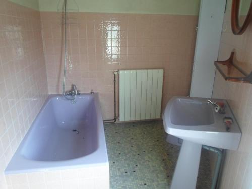 La salle de bains est pourvue d'une baignoire et d'un lavabo. dans l'établissement Le Gite à Nano, à Saint-Seurin-de-Cadourne