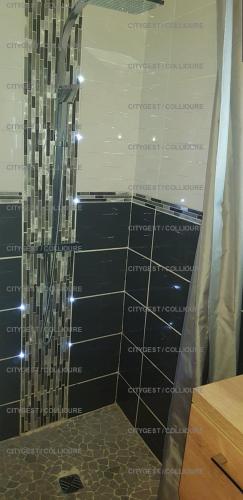 une salle de bain avec une douche avec un rideau de douche dans l'établissement 4COMA2 - Appartement plein pied pour 4 personnes proche plage, à Collioure