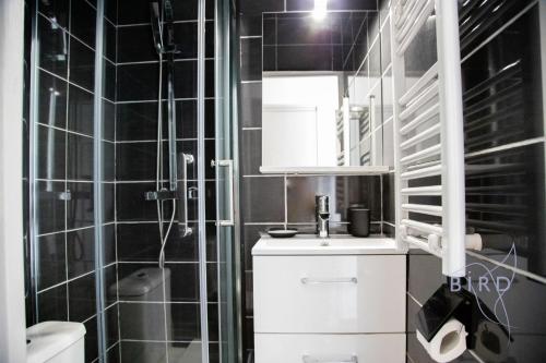 une salle de bain avec un lavabo blanc et une douche dans l'établissement PALM PARADISE next to the Croisette, à Cannes