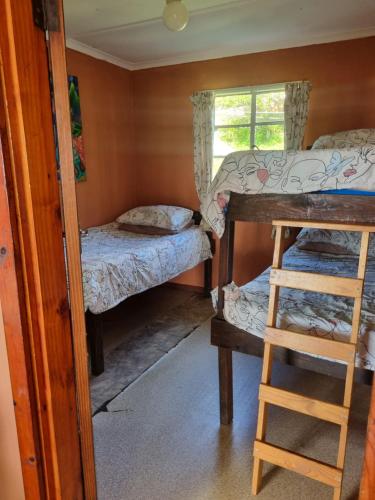 a small room with two bunk beds and a ladder at Barefoot Bungalow in Umngazana