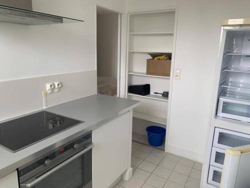 - une cuisine blanche avec évier et réfrigérateur ouvert dans l'établissement Lafont, à Nantes