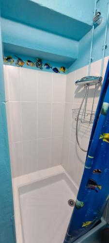 une salle de bain avec douche au plafond bleu dans l'établissement Appartement typique 2 étoiles avec clim, à Collioure