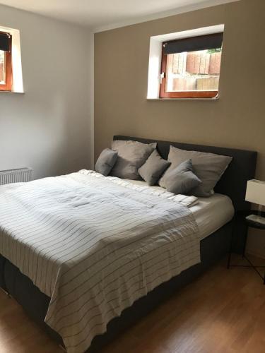a large bed in a bedroom with a window at Ruhezone in Dieburg