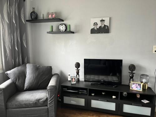 a living room with a couch and a flat screen tv at Fair Field in Sourdeval