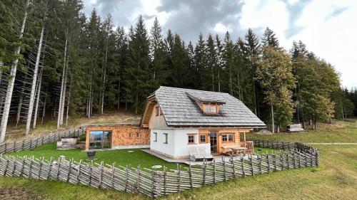 a small house in the middle of a field at Penzhütte in Bad Sankt Leonhard im Lavanttal