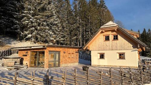 a wooden house in the snow with trees at Penzhütte in Bad Sankt Leonhard im Lavanttal